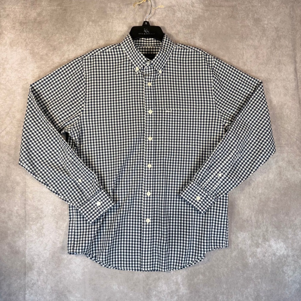 Abercrombie & Fitch Button Down Shirt Men Large Navy Blue Gingham Check A+F Logo